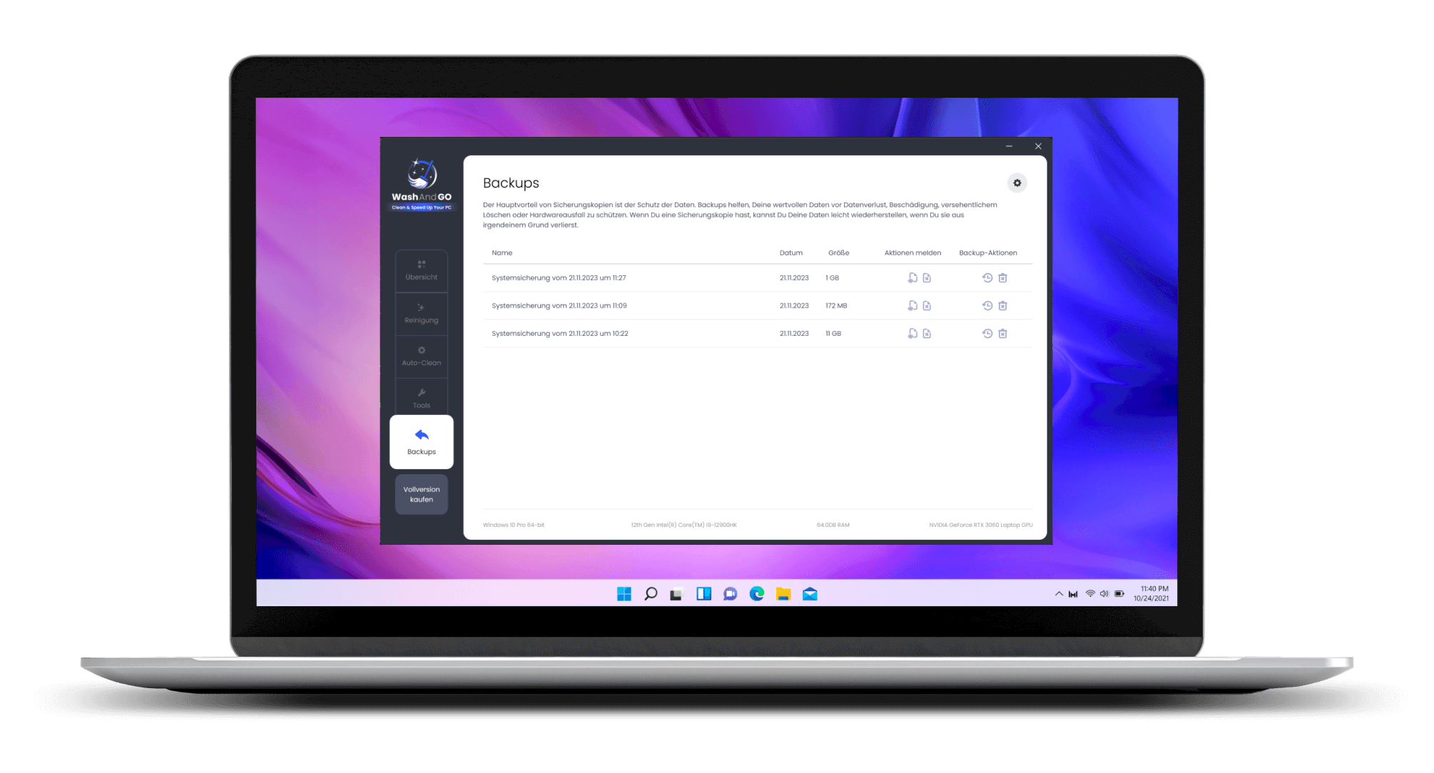 WashAndGo-Ansicht Backups mit gespeicherten Sicherungen und Aktionen zur Verwaltung